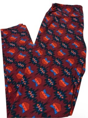 LuLaRoe Burgundy Leggings with Orange & Blue Print